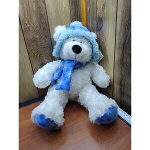 HugFun International Snowflake Teddy Plush White Winter Bear Blue Hat Scarf Toy